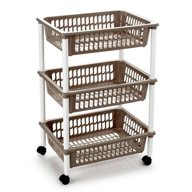Opberg trolley/roltafel/organizer met 3 manden 40 x 30 x 61,5 cm wit/taupe - Opberg trolley