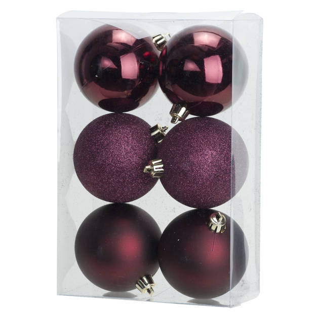 12x Aubergine roze kerstballen 8 cm kunststof mat/glans/glitter - Kerstbal