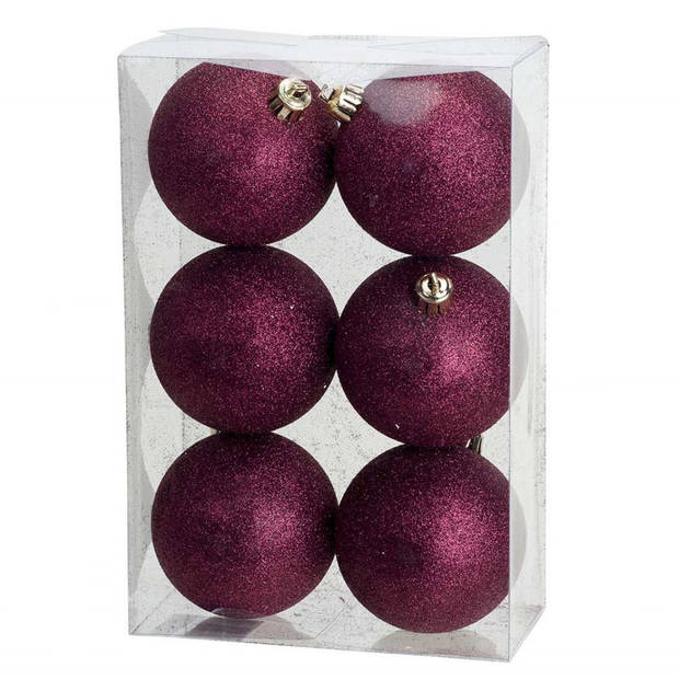 12x Kunststof kerstballen glitter aubergine roze 8 cm kerstboom versiering/decoratie - Kerstbal