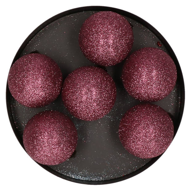 6x stuks kunststof glitter kerstballen aubergine roze 6 cm - Kerstbal