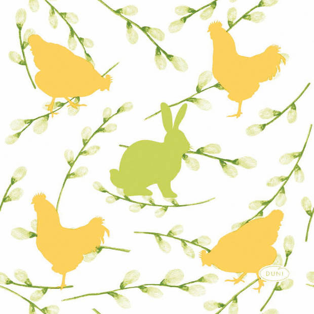 40x stuks paasdecoratie paaskonijnen en hanen servetten 33 x 33 cm geel / groen print - Feestservetten