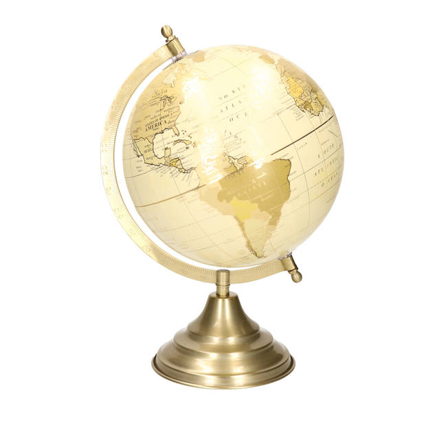 Decoratie wereldbol/globe goud/ecru op metalen voet 22 x 34 cm - Wereldbollen