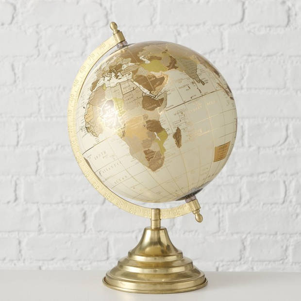 Decoratie wereldbol/globe goud/ecru op metalen voet 22 x 34 cm - Wereldbollen