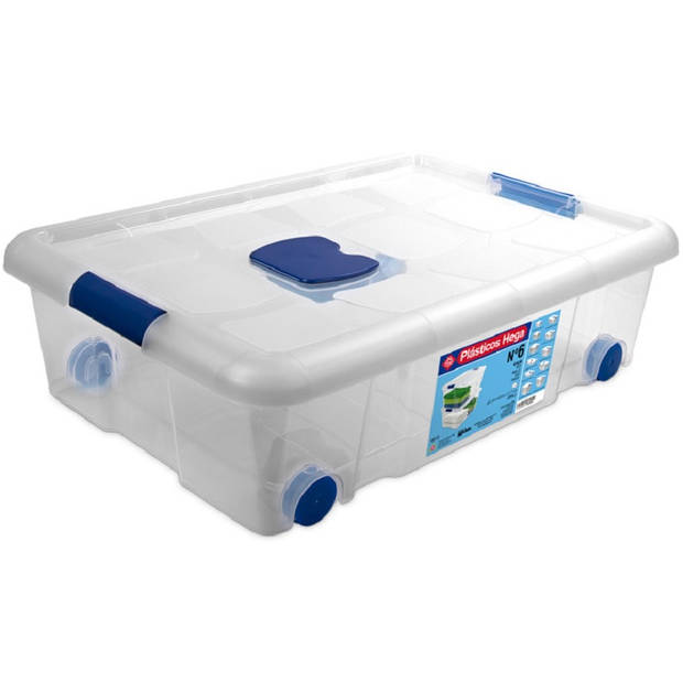 2x Opbergboxen/opbergdozen met deksel en wieltjes 30 en 31 liter kunststof transparant/blauw - Opbergbox