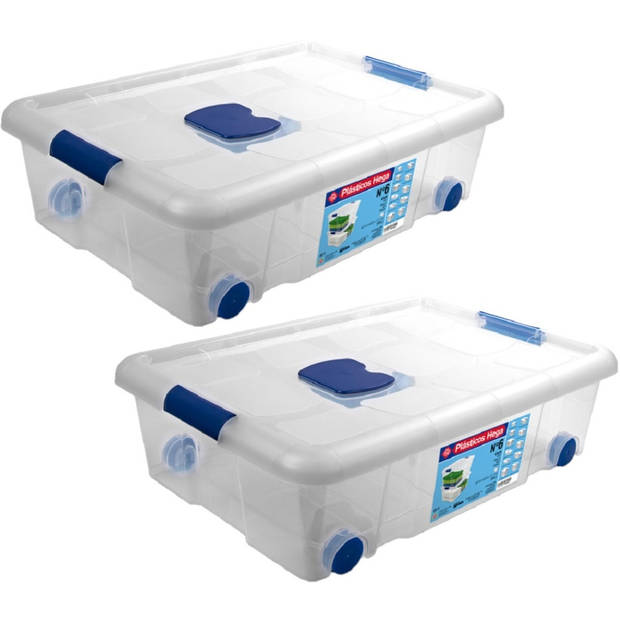 1x Opbergboxen/opbergdozen met deksel en wieltjes 31 liter kunststof transparant/blauw - Opbergbox