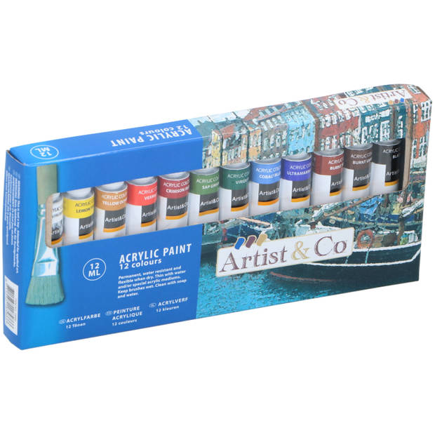 Setje acryl verf tubes - 12 kleuren met 12 ml inhoud - kinderen/volwassenen - Hobbyverf