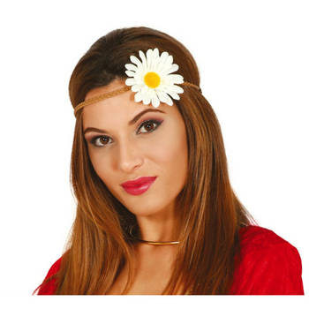 Fiestas Verkleed haarband met bloem - wit - meisjes/dames - Hippie/flower Power - Verkleedhaardecoratie