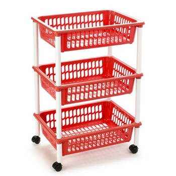 Opberg trolley/roltafel/organizer met 3 manden 40 x 30 x 61,5 cm wit/rood - Opberg trolley