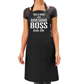 Awesome boss kado bbq/keuken schort zwart voor dames - Feestschorten