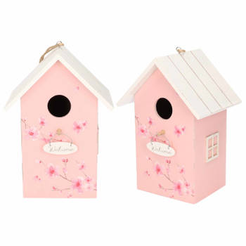 2x Nestkast/vogelhuisje hout roze met wit dak 15 x 12 x 22 cm - Vogelhuisjes