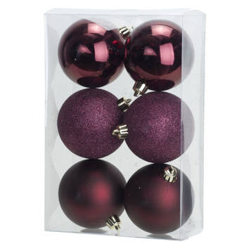 6x stuks kunststof kerstballen aubergine roze 8 cm mat/glans/glitter - Kerstbal