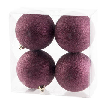 4x stuks kunststof glitter kerstballen aubergine roze 10 cm - Kerstbal