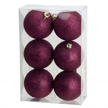 6x stuks kunststof glitter kerstballen aubergine roze 8 cm - Kerstbal