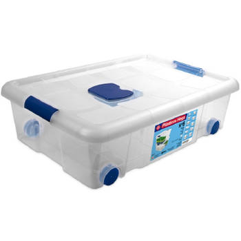 1x Opbergboxen/opbergdozen met deksel en wieltjes 31 liter kunststof transparant/blauw - Opbergbox