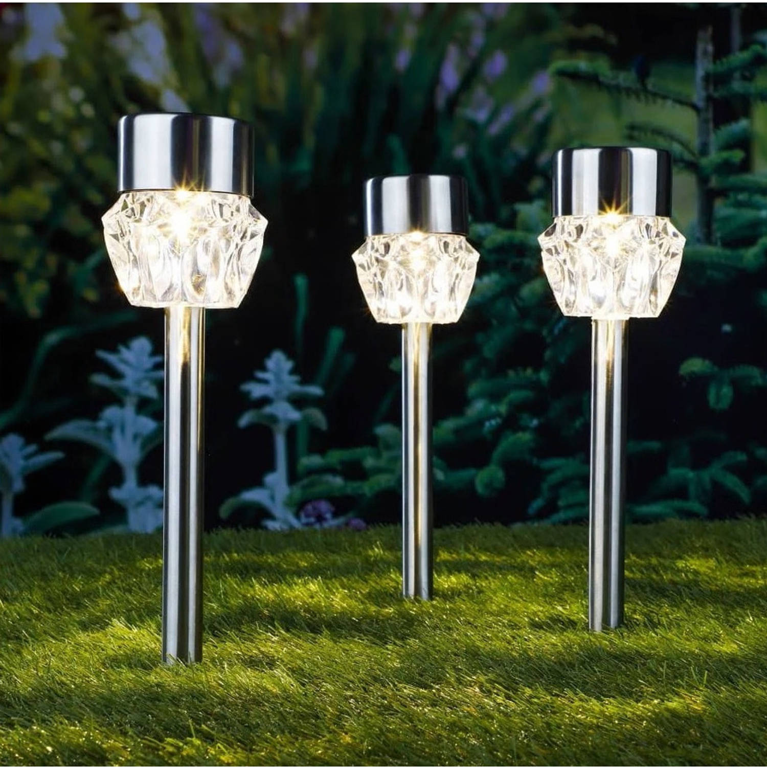 Het Pest Helemaal droog 3x Buiten/tuin LED zilveren stekers Crystal solar verlichting 35 cm RVS  warm wit - Prikspotjes | Blokker