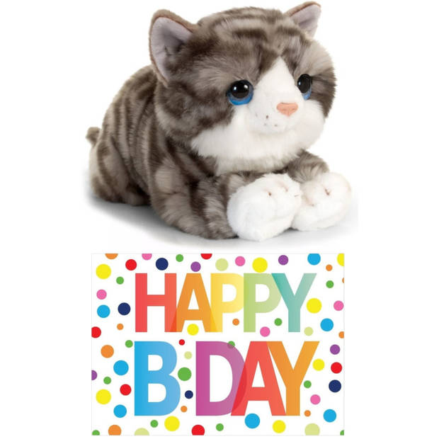 Cadeau setje pluche grijze kat/poes knuffel 32 cm met Happy Birthday wenskaart - Knuffel huisdieren