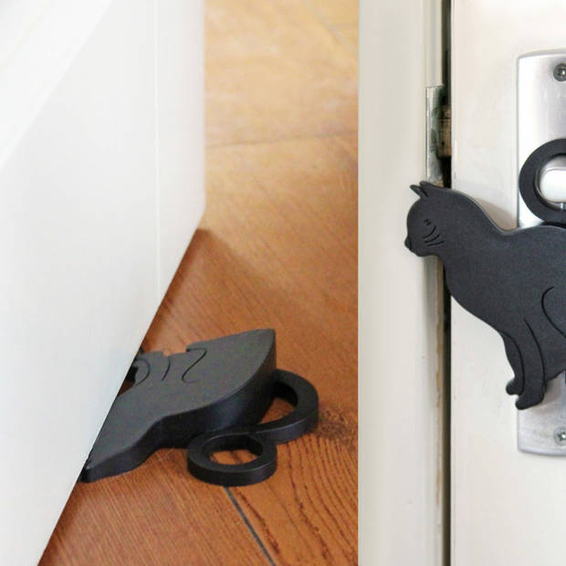 Esschert deurstopper/deurwig kat - kunststof - zwart - 11 x 9 x 3 cm - Deurstoppers
