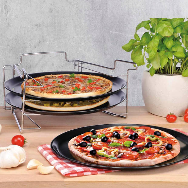 Pizzaplaat bakset rek met 3 bakplaten 16 x 31 cm - Pizzaplaten