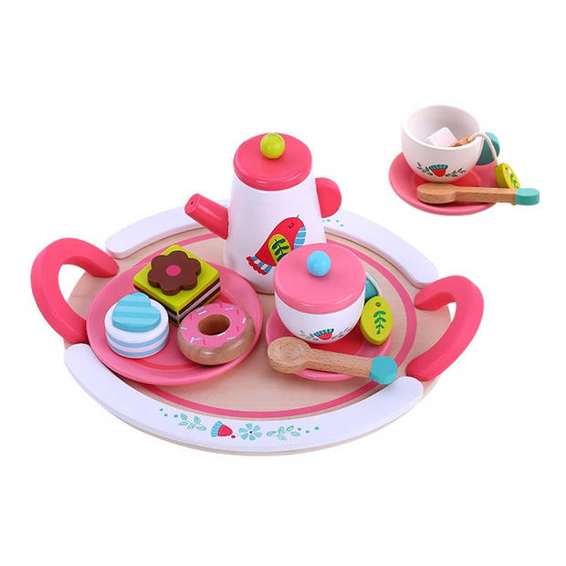 Tooky Toy theeservies meisjes hout roze/wit 19-delig