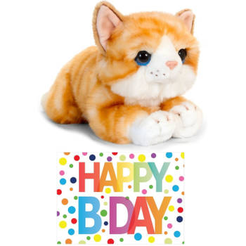Cadeau setje pluche rood/witte kat/poes knuffel 32 cm met Happy Birthday wenskaart - Knuffel huisdieren