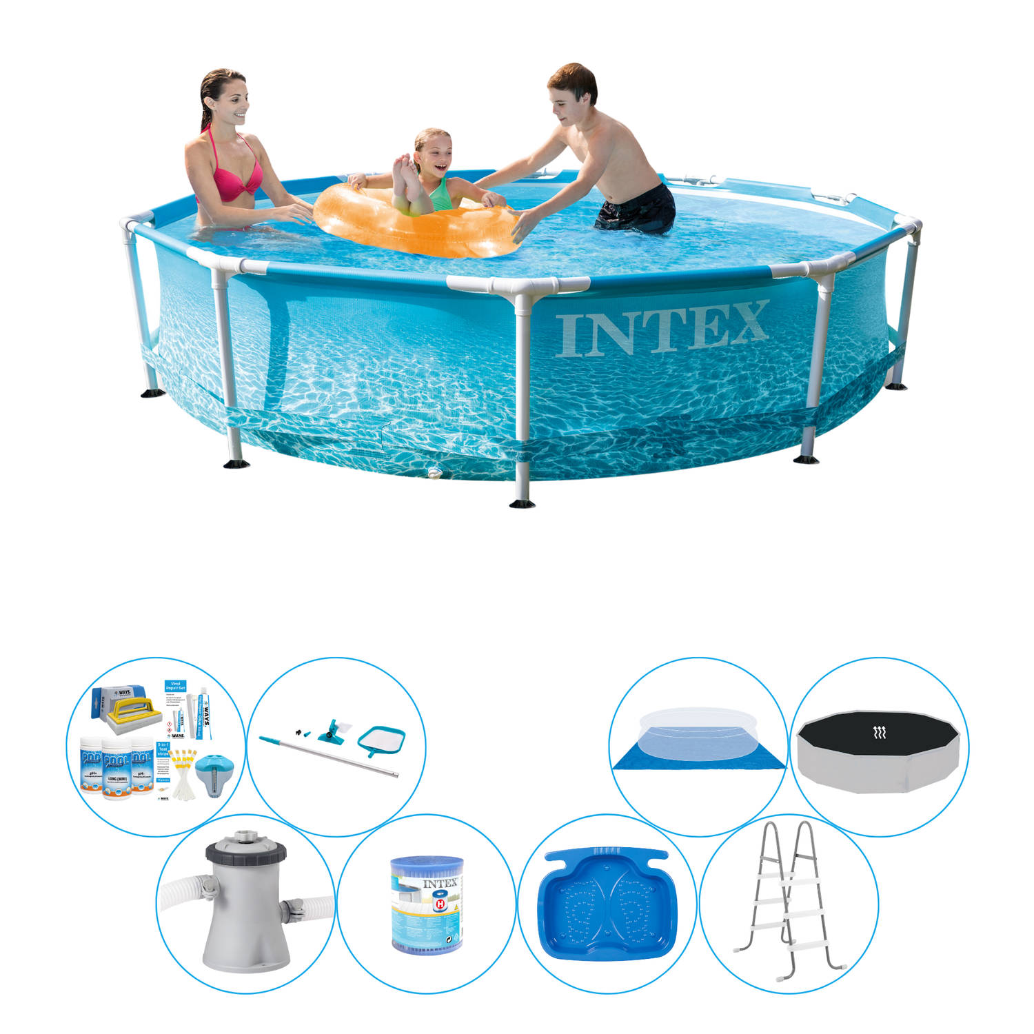 Deluxe Zwembad Set - Intex Metal Frame Rond Strandzijde 305x76 cm