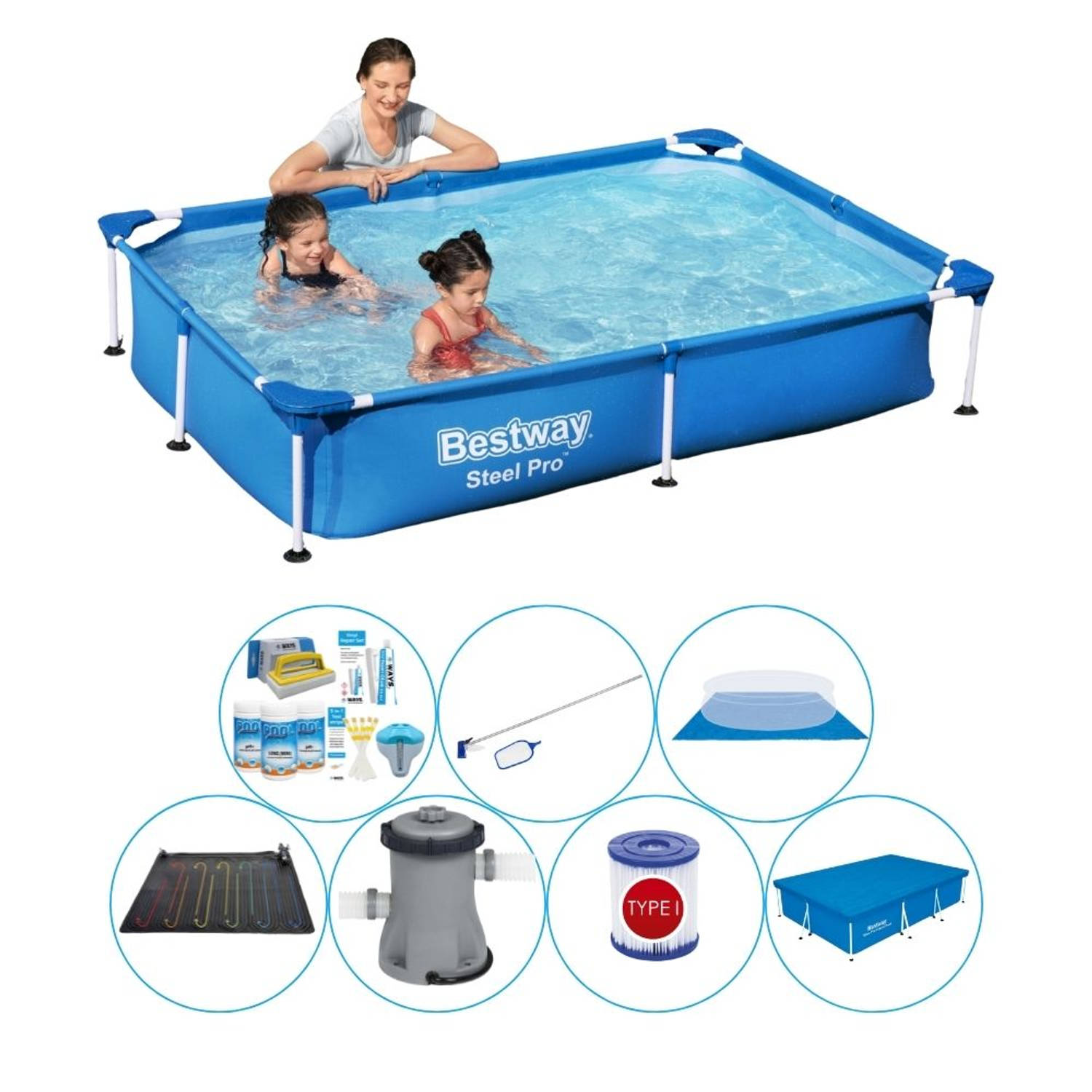 Steel Pro Rechthoekig Zwembad - 221 x 150 x 43 cm - Blauw - Inclusief Accessoires - Voordeelpakket