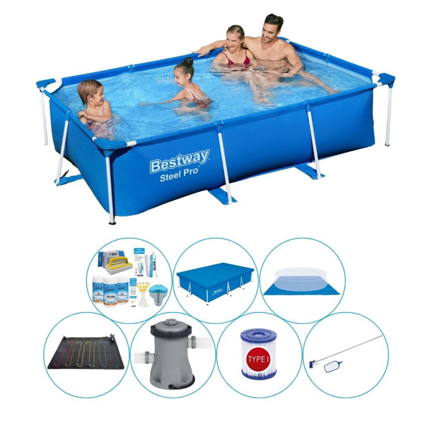 Steel Pro Rechthoekig Zwembad - 259 x 170 x 61 cm - Blauw - Voordeelpakket