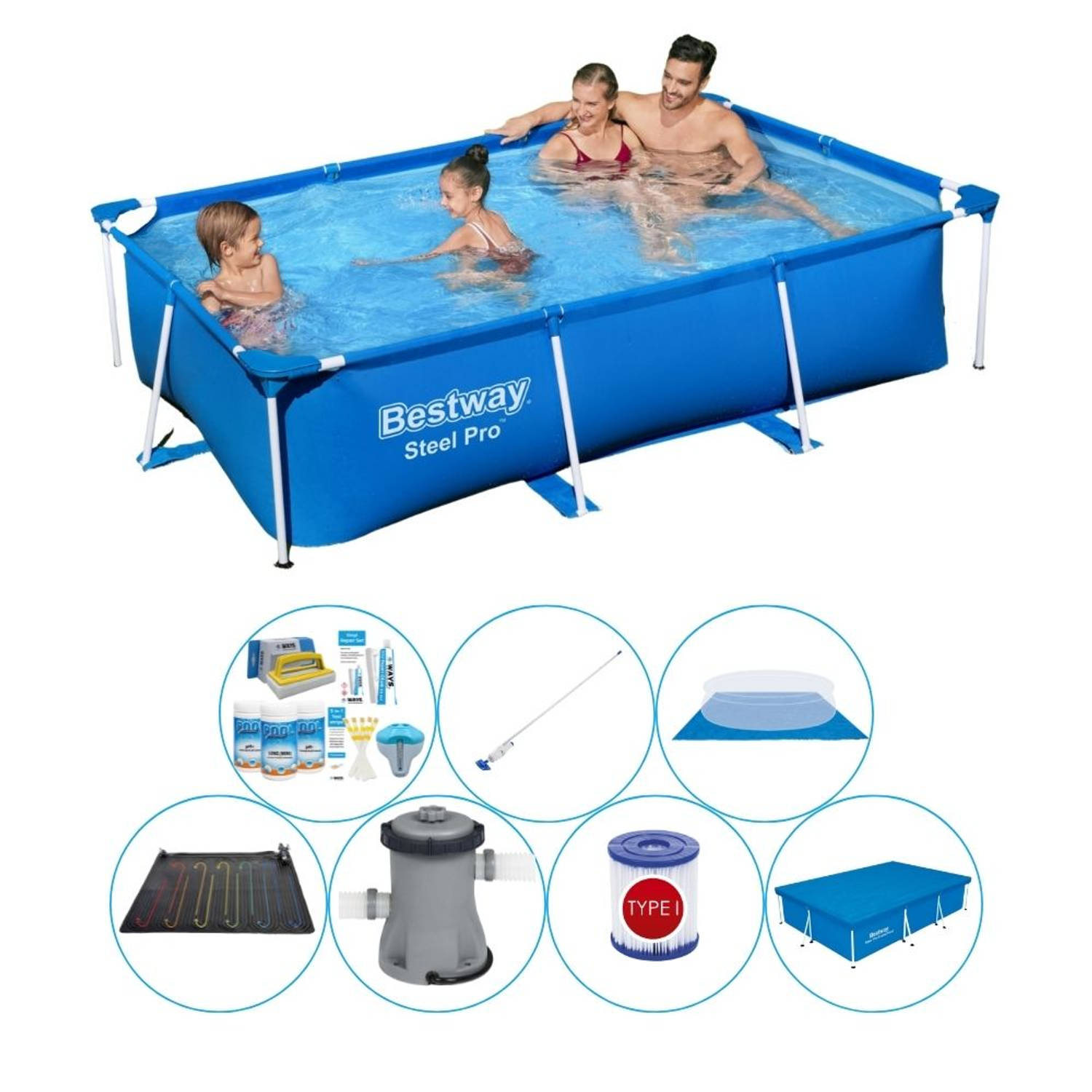 Steel Pro Rechthoekig Zwembad - 259 x 170 x 61 cm - Blauw - Premium Pakket