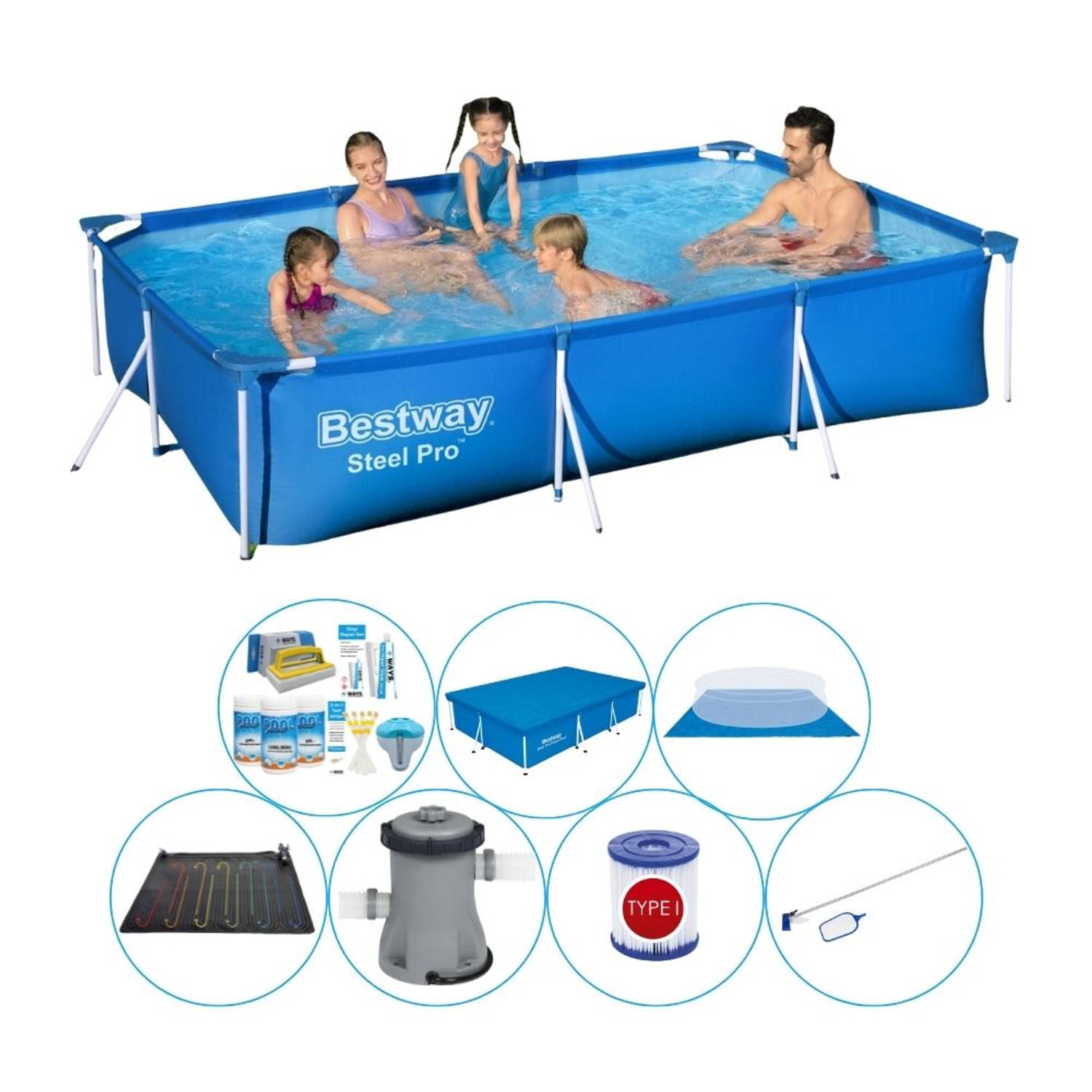 Steel Pro Rechthoekig Zwembad - 300 x 201 x 66 cm - Blauw - Voordeelpakket