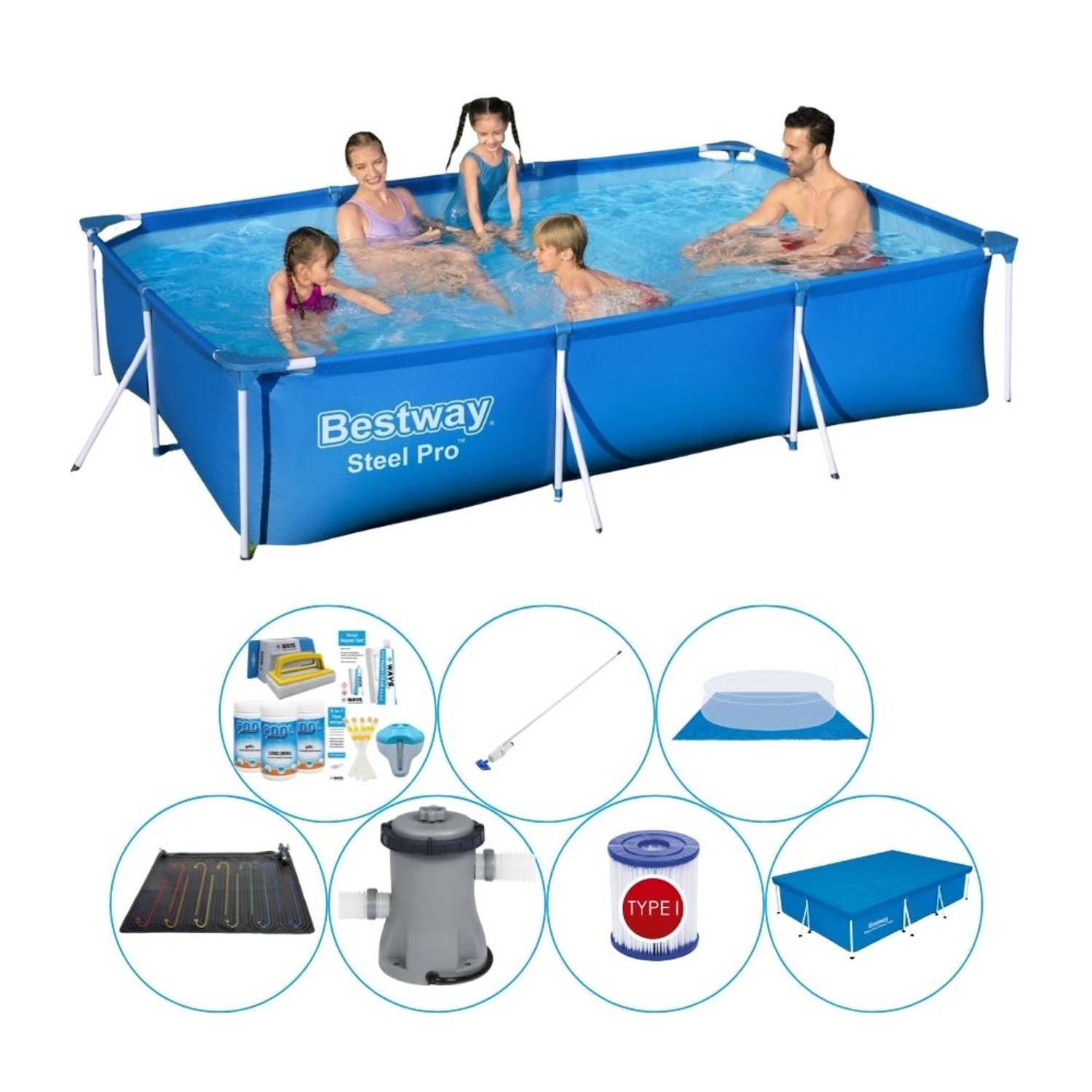 Steel Pro Rechthoekig Zwembad - 300 x 201 x 66 cm - Blauw - Ultra Voordeelpakket