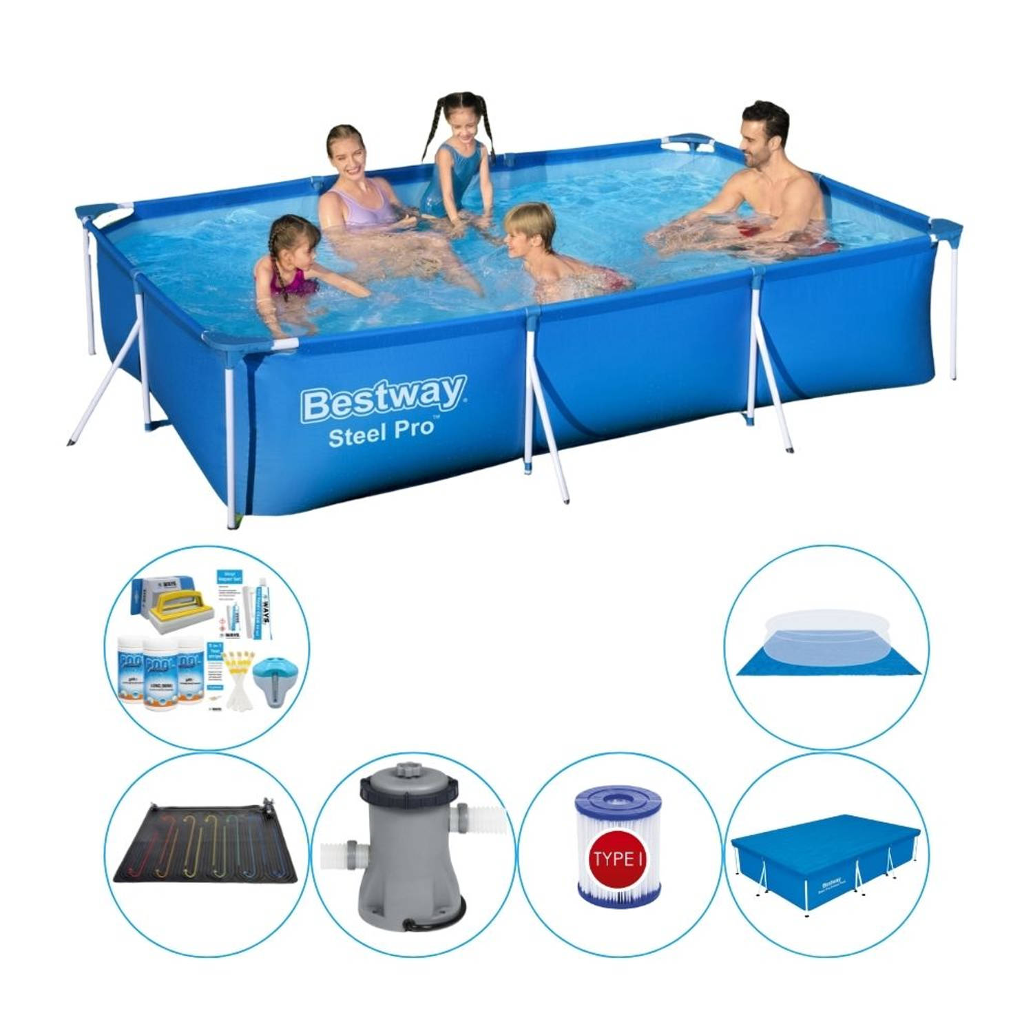 Steel Pro Rechthoekig Zwembad - 300 x 201 x 66 cm - Blauw - Voordeelset