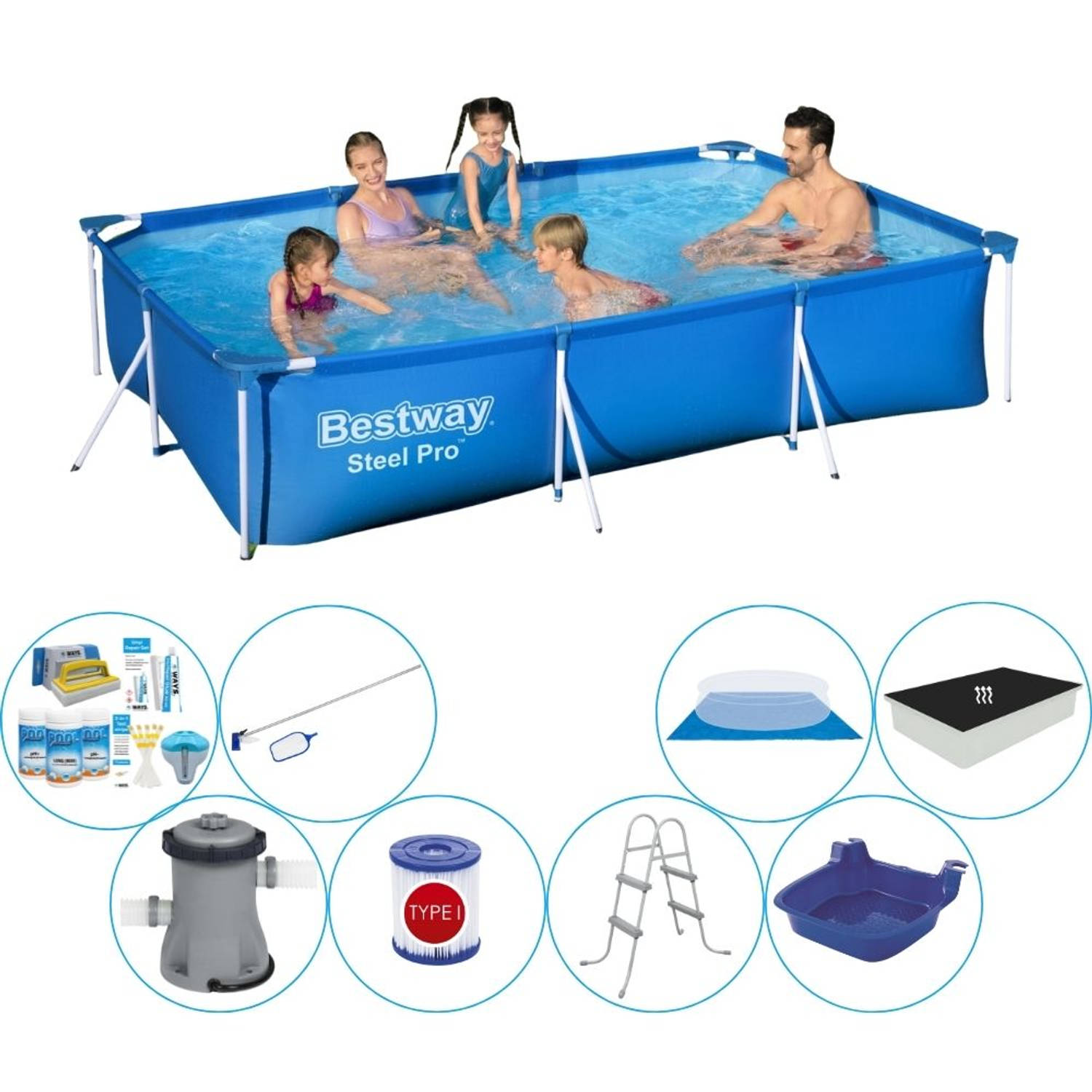 Steel Pro Rechthoekig Zwembad - 300 x 201 x 66 cm - Blauw - Inclusief Pomp - Voordeelpakket