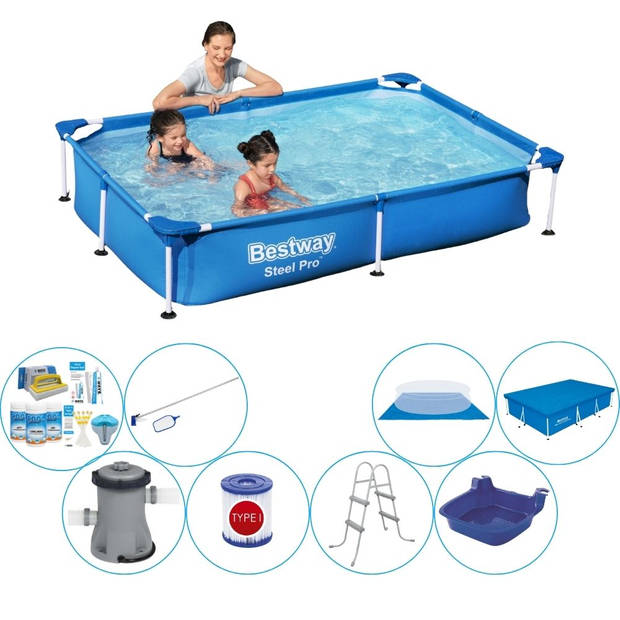 Bestway Steel Pro Rechthoekig Zwembad - 221 x 150 x 43 cm - Blauw - Premium Set