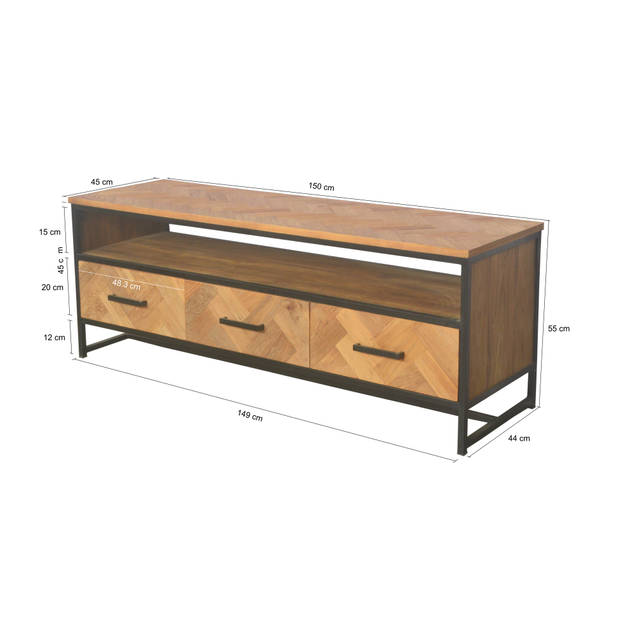 Livingfurn - TV Meubel TV Accent 150 cm - Teakhout / Gecoat Staal