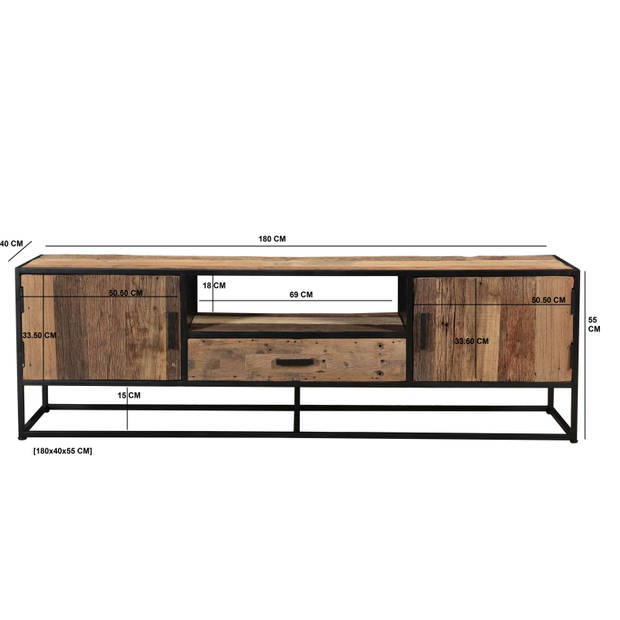 Livingfurn - TV Meubel Dakota 180 cm - Riverwood / Gecoat Staal