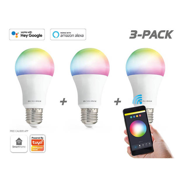 Caliber E27 3 pack Dimbare Smart Lamp RGB LEDs - 3x Slimme A19 Peer LED Lamp - 850 Lumen - 8 Watt - Met App
