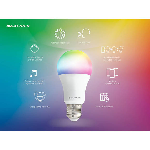 Caliber E27 Dimbare Smart Lamp met RGB LEDs - Slimme A19 Peer LED Lamp - 850 Lumen - 8 Watt - Handige App (HBT-E27)