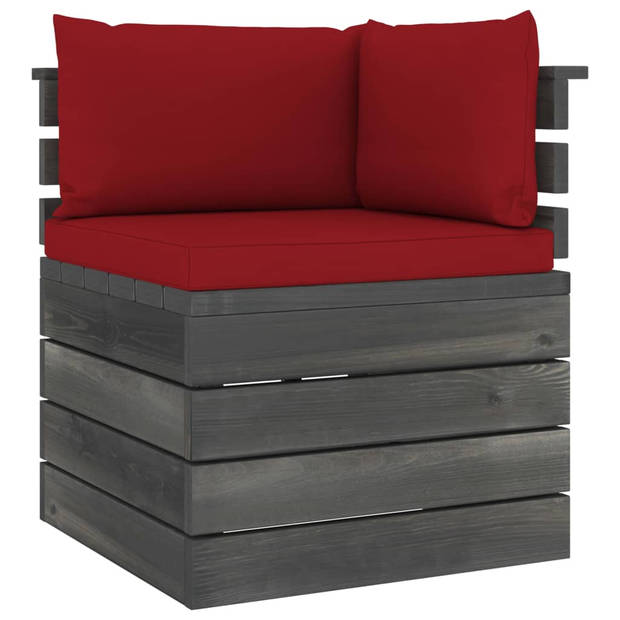 The Living Store Pallet Loungeset - Grenenhout - Modulair - 60x65x71.5 cm - Wijnrode kussens