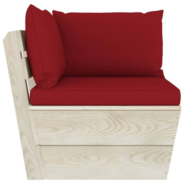 The Living Store Pallet Loungeset - 6-delig - Vurenhout - Wijnrood kussen