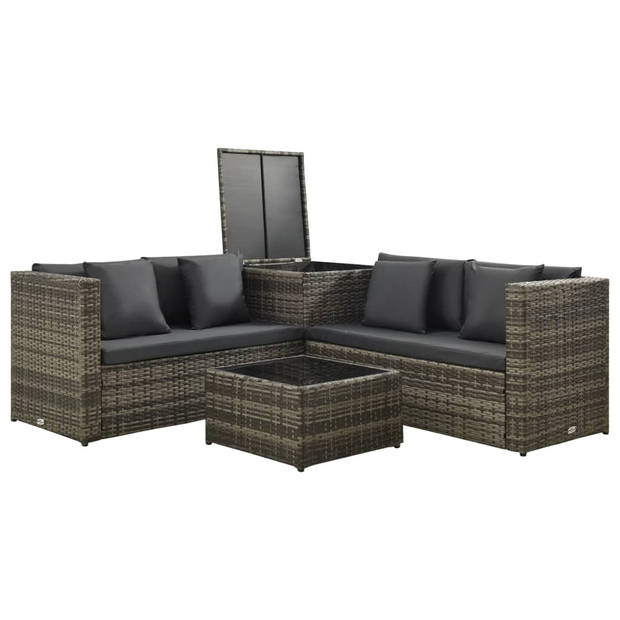 vidaXL 4-delige Loungeset met kussens poly rattan grijs