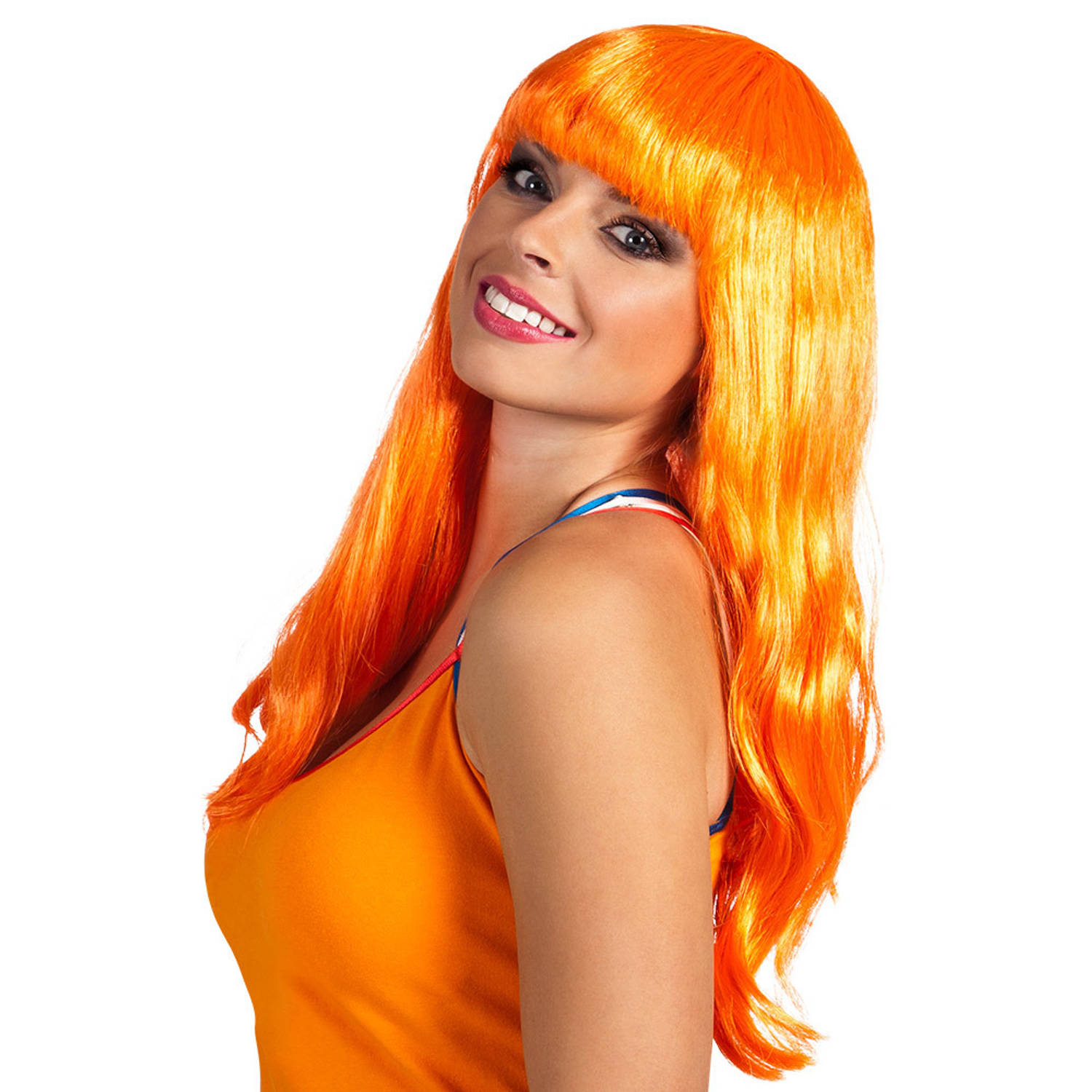 Oranje/holland fan artikelen damespruik met lang haar - Verkleedpruiken