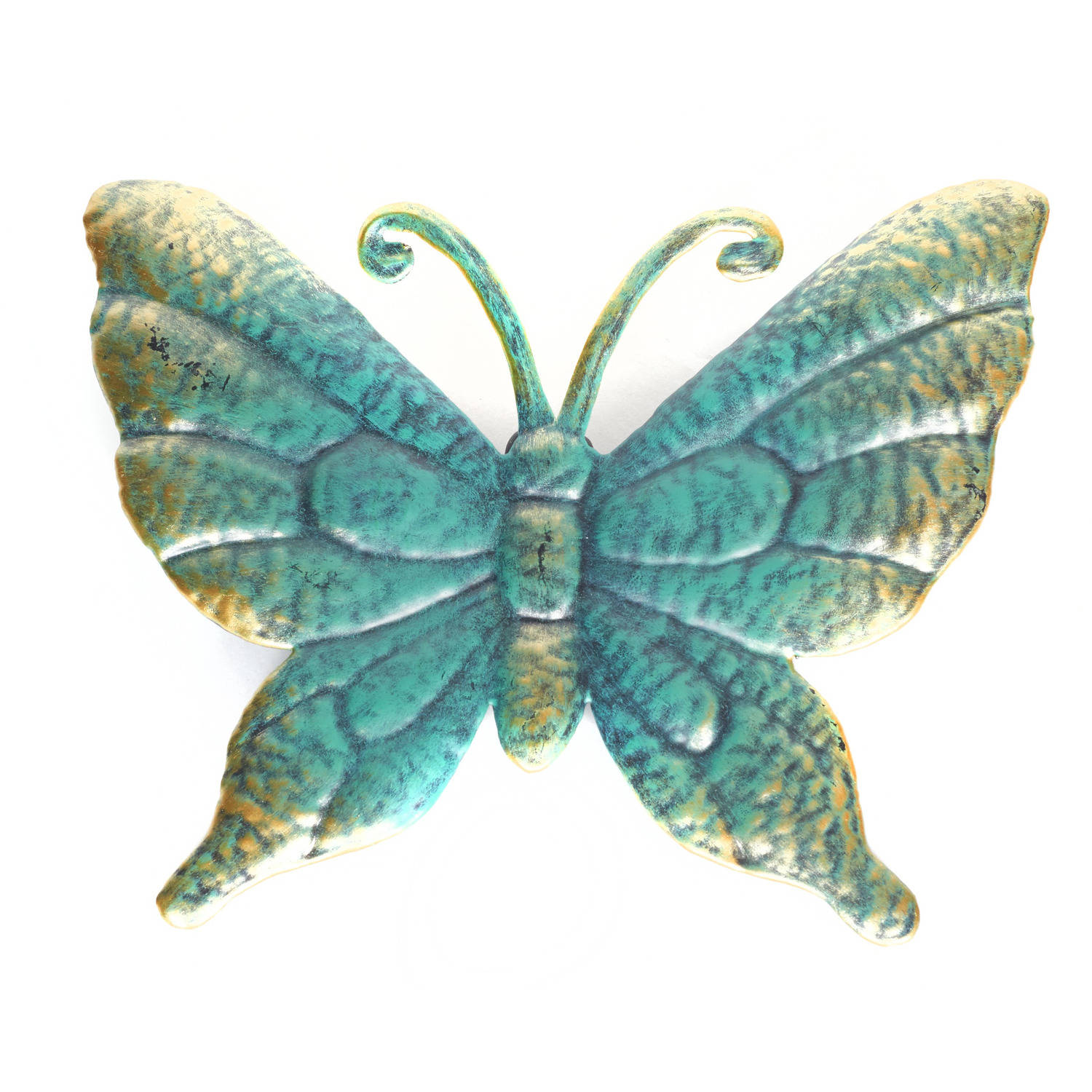 1x Tuindecoratie Vlinder Van Metaal Turquoise-goud 22 Cm Tuinbeelden