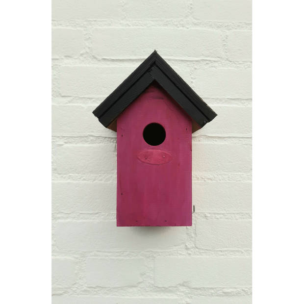 Houten vogelhuisje/nestkastje 22 cm - zwart/roze DHZ schilderen pakket - Vogelhuisjes