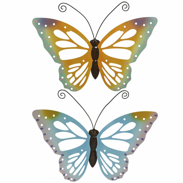 Set van 2x stuks tuindecoratie muur/wand vlinders van metaal in blauw en oranje tinten 51 x 38 cm - Tuinbeelden