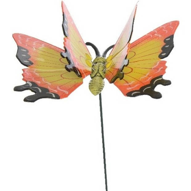 2x stuks Metalen deco vlinders rood en geel van 17 x 60 cm op tuinstekers - Tuinbeelden