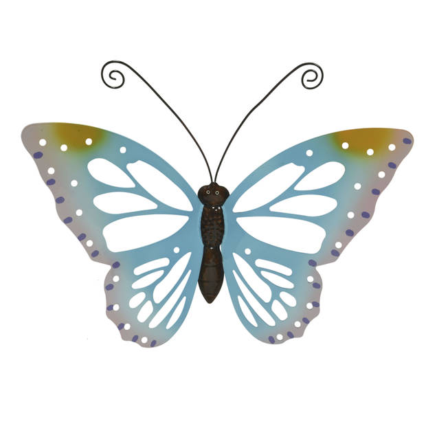 Grote lichtblauwe deco vlinder/muurvlinder metaal 51 x 38 cm tuindecoratie - Tuinbeelden