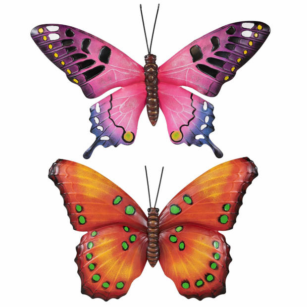 Set van 2x stuks tuindecoratie muur/wand vlinders van metaal in oranje en roze tinten 48 x 30 cm - Tuinbeelden