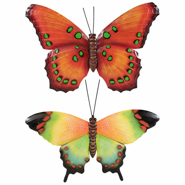 Set van 2x stuks tuindecoratie muur/wand vlinders van metaal in oranje en groen tinten 48 x 30 cm - Tuinbeelden