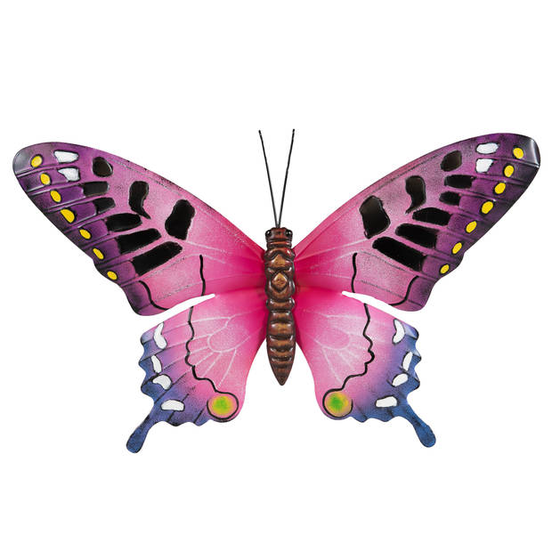 Tuindecoratie vlinder van metaal roze 48 cm - Tuinbeelden