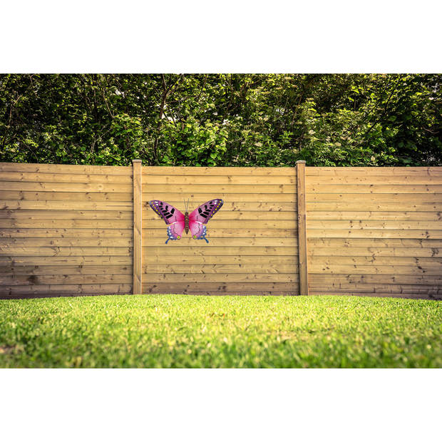 Tuindecoratie vlinder van metaal roze 48 cm - Tuinbeelden